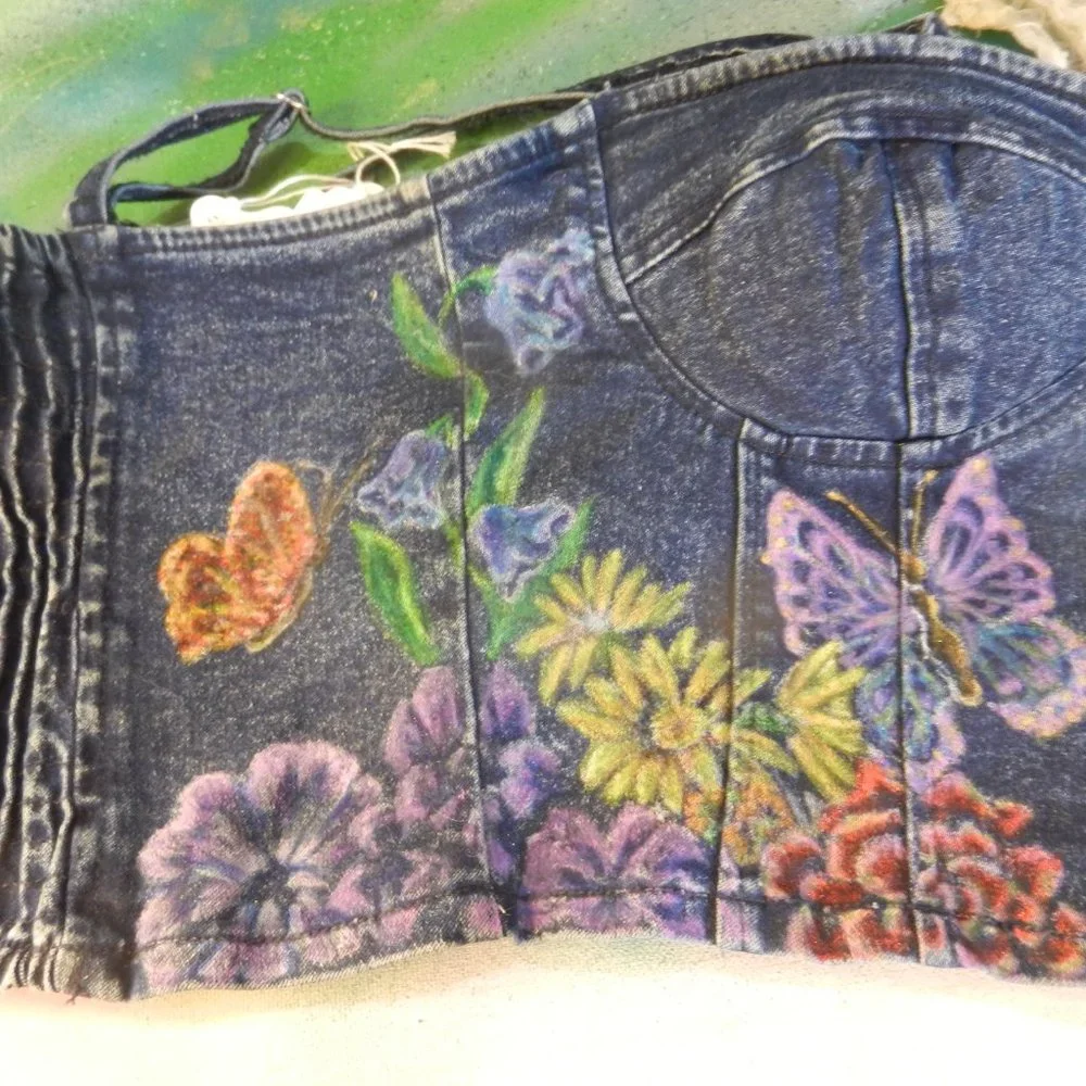 HAND CRAFTED floral denim bustier OOAK custom hand painted jean camisole top - Picture 8 of 16